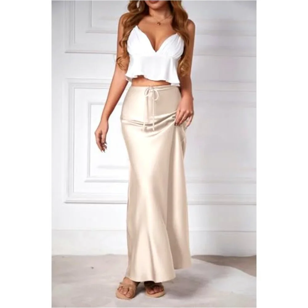 Satin Maxi Skirt Elegant Flowy A-Line Drawstring Waist Casual Formal Wear - Picture 2 of 6